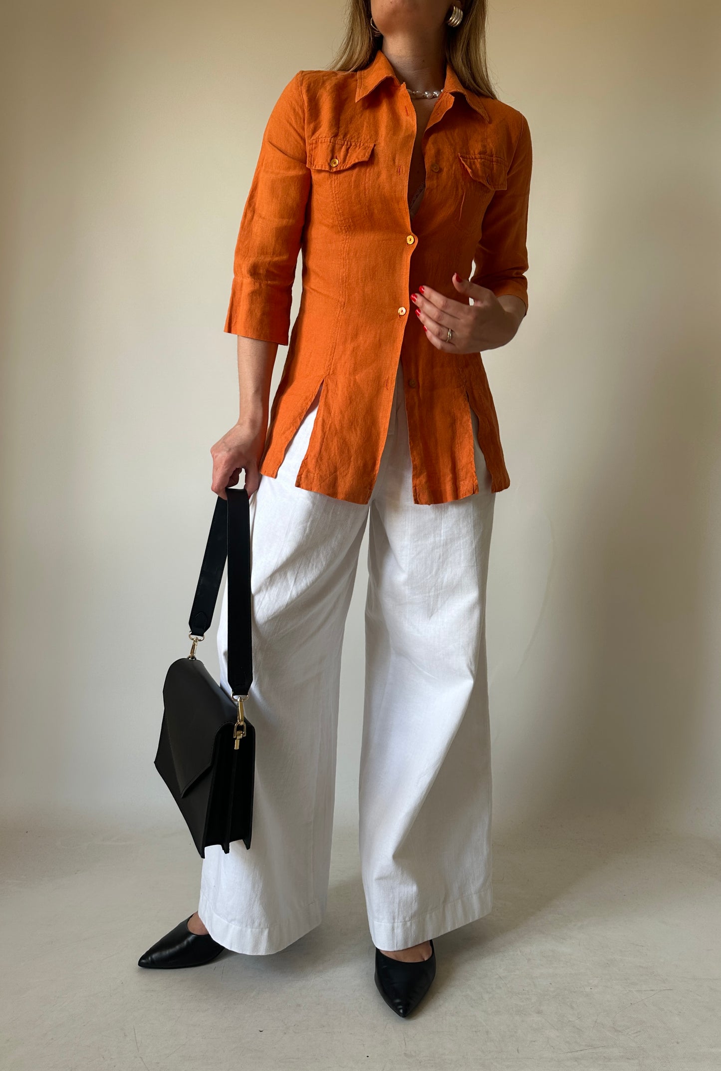 Orange 100% linen slim shirt