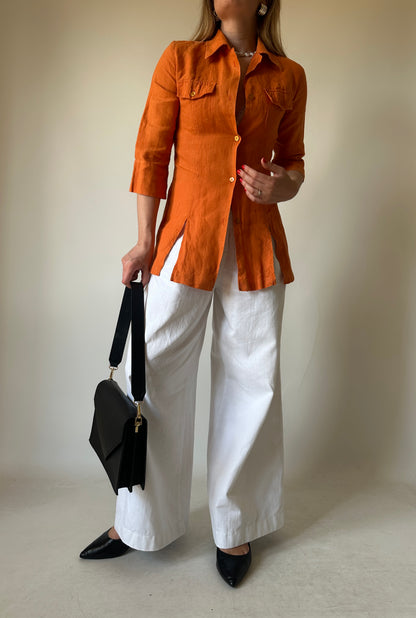 Orange 100% linen slim shirt