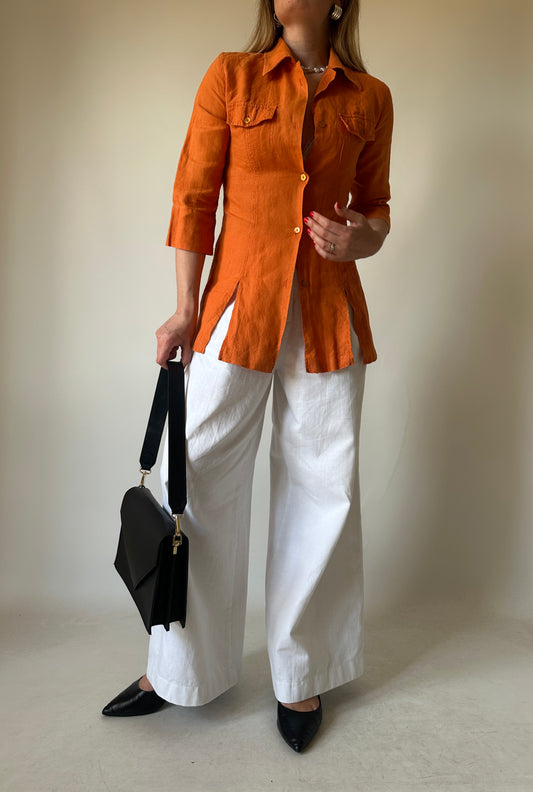 Orange 100% linen slim shirt