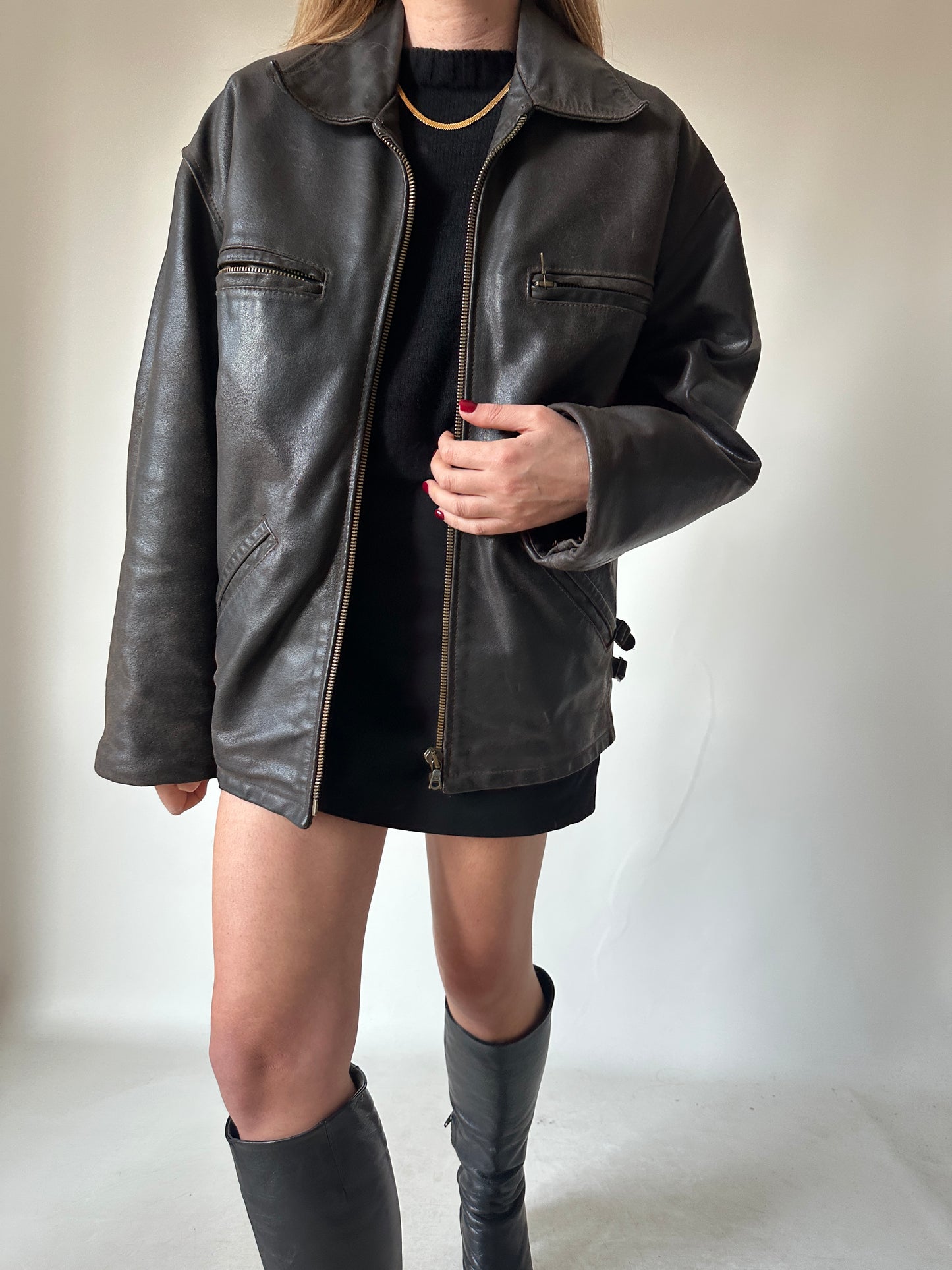 Chocolate distressed leather biker