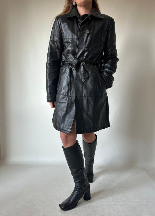 Black leather trench with belt