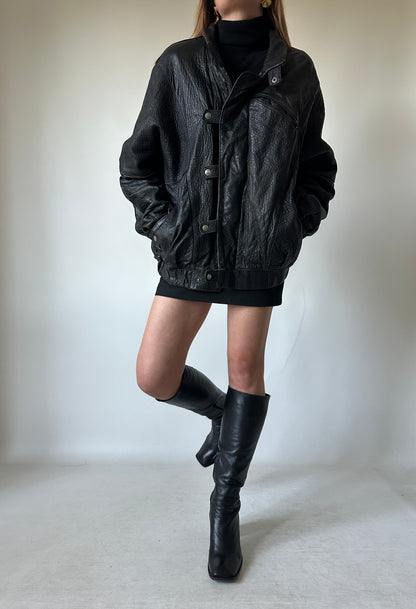 Oversize Paris black leather bomber