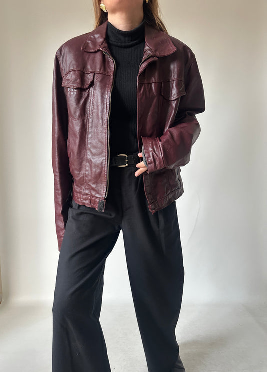 Burgundy minimal leather jacket