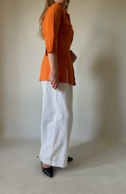 Orange 100% linen slim shirt