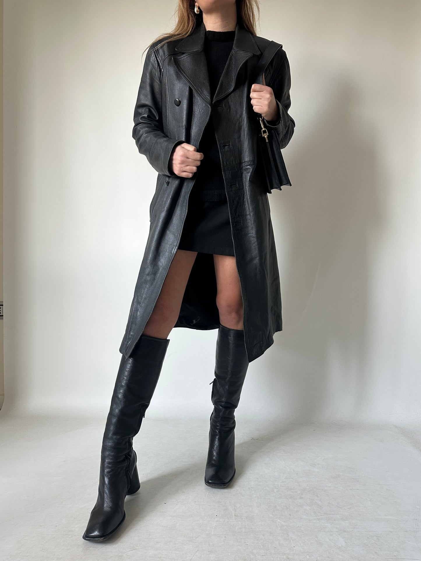 Black long leather trench