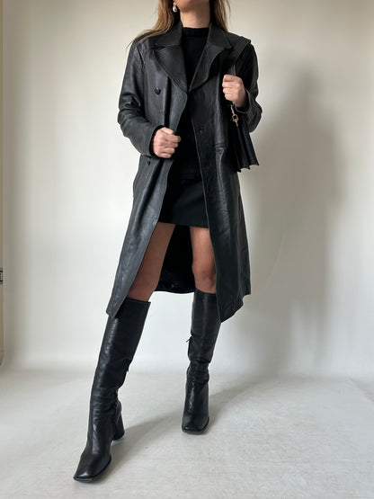 Black long leather trench