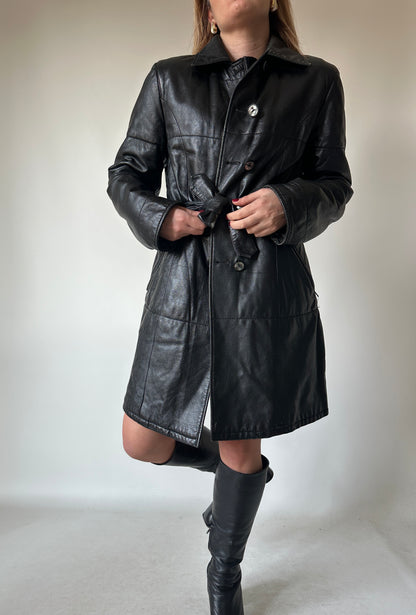 Black leather trench with belt