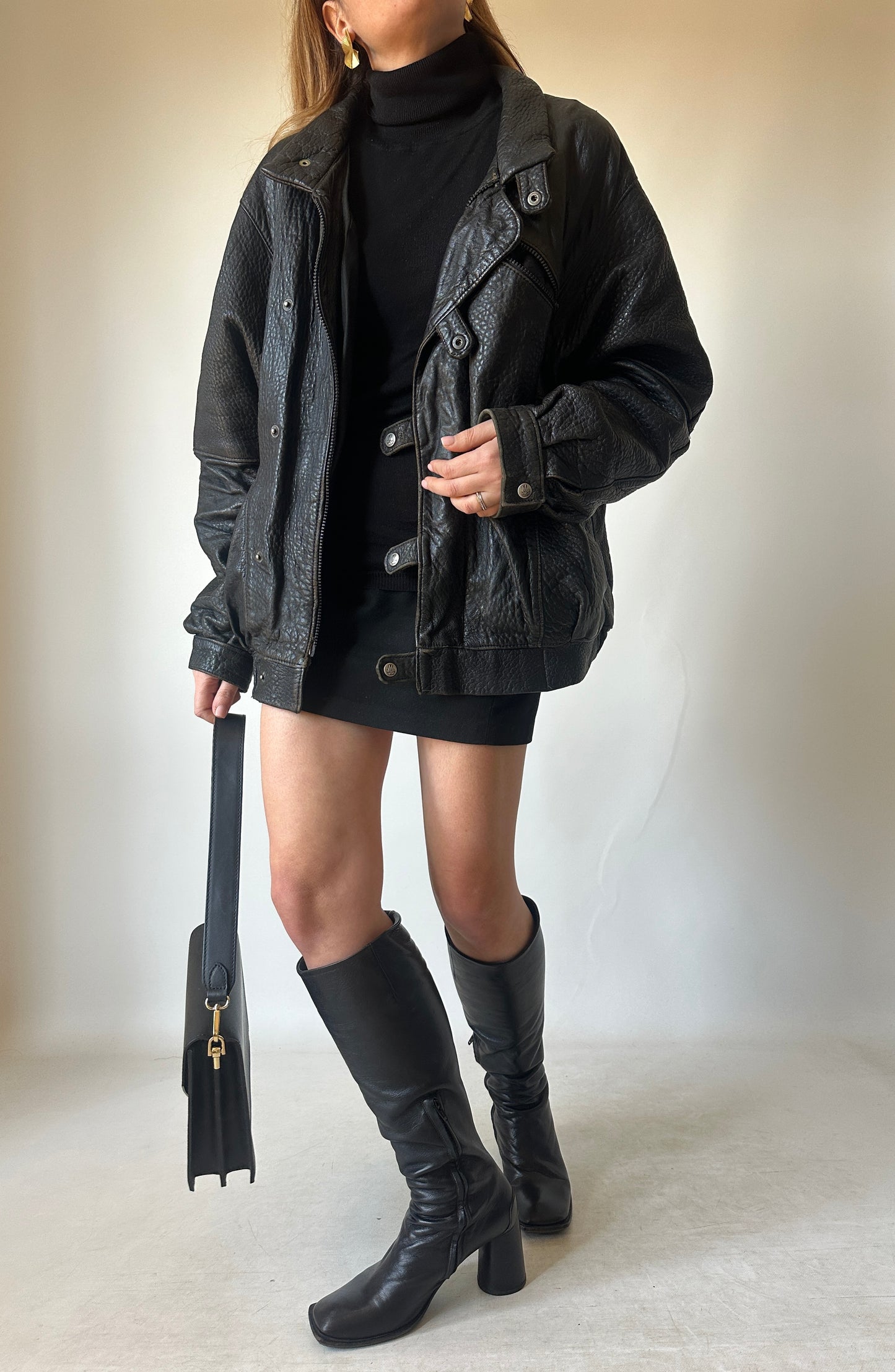 Oversize Paris black leather bomber