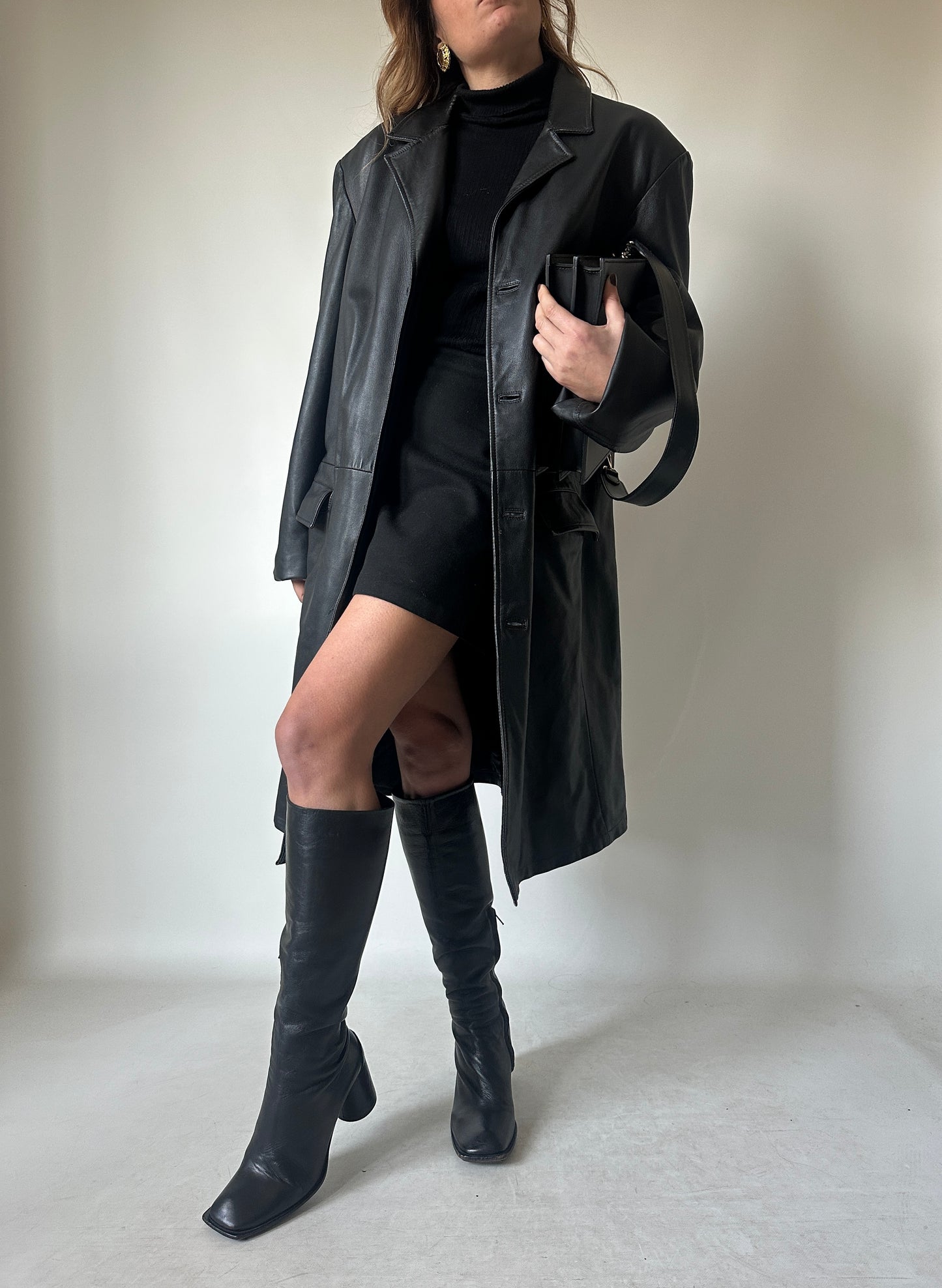Long leather black coat