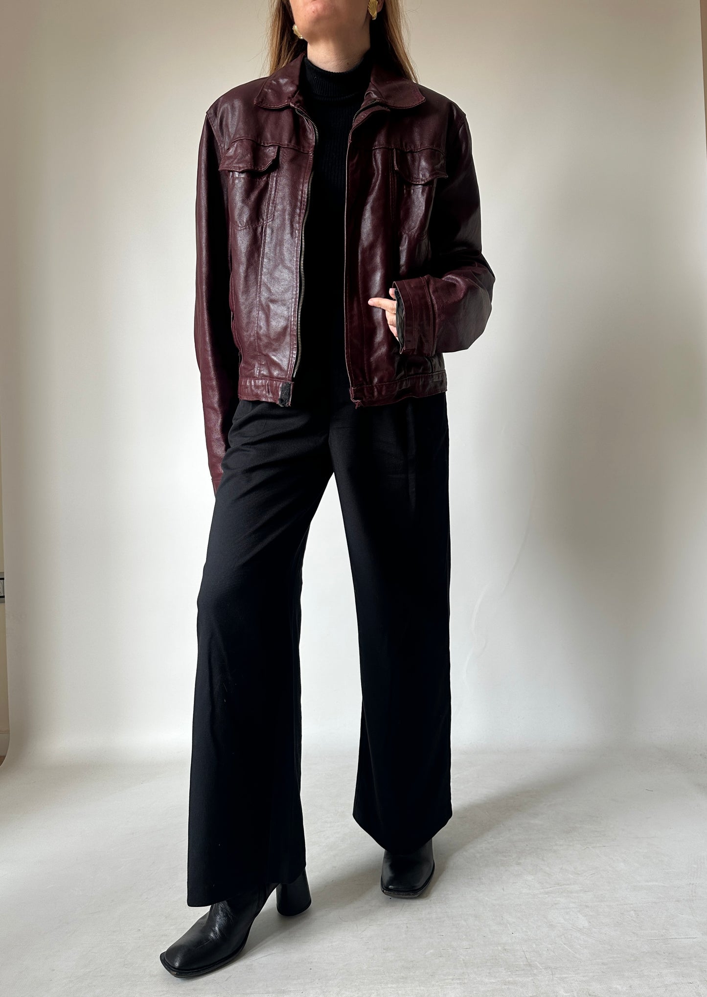 Burgundy minimal leather jacket
