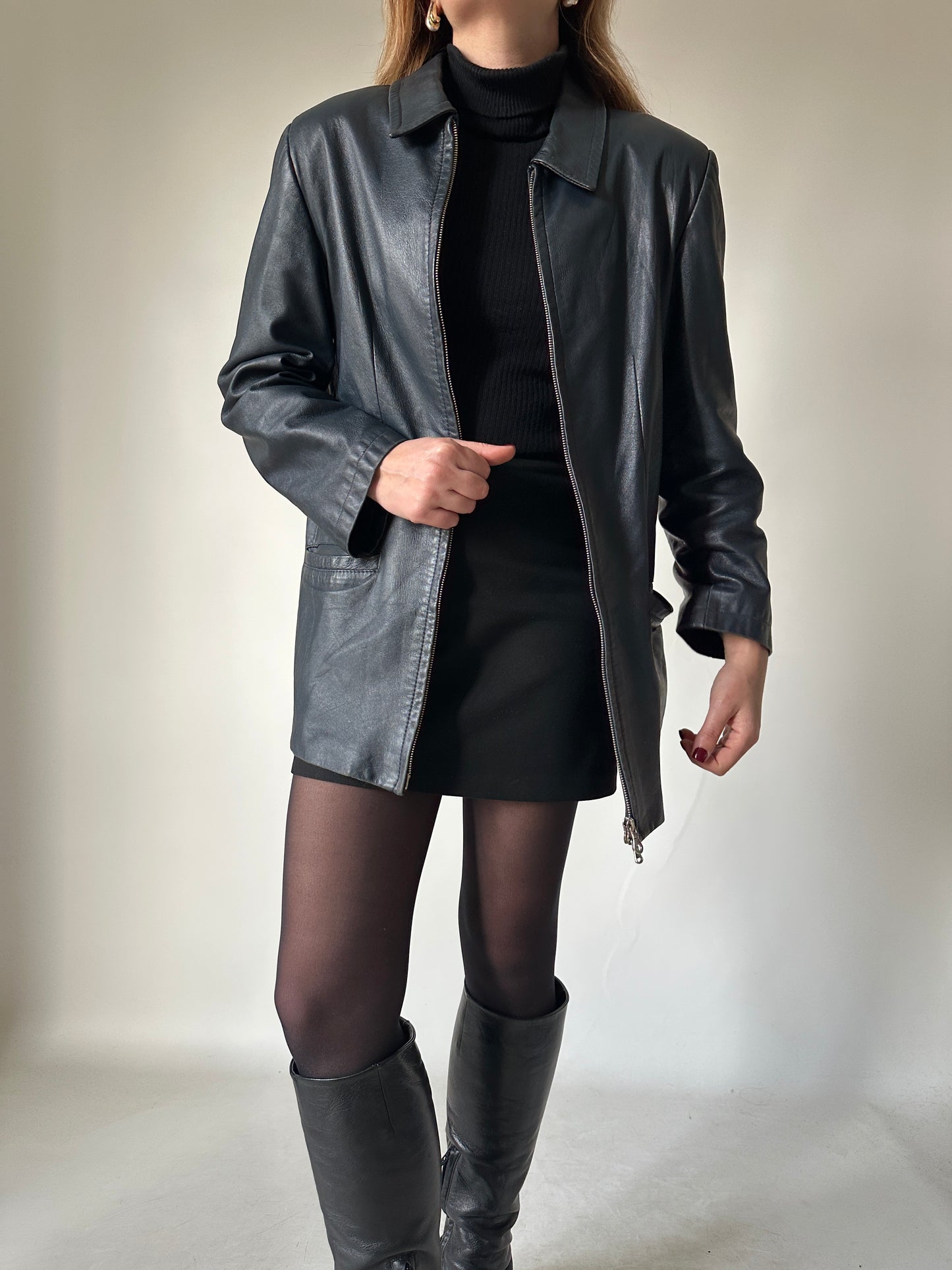 Minimal navy leather jacket