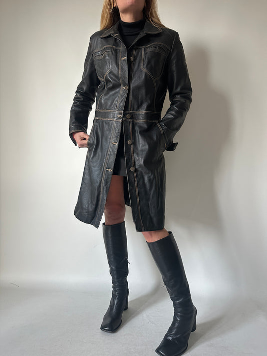 Black distressed leather trench