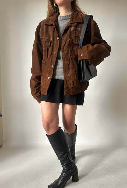 Casual chocolate suede bomber