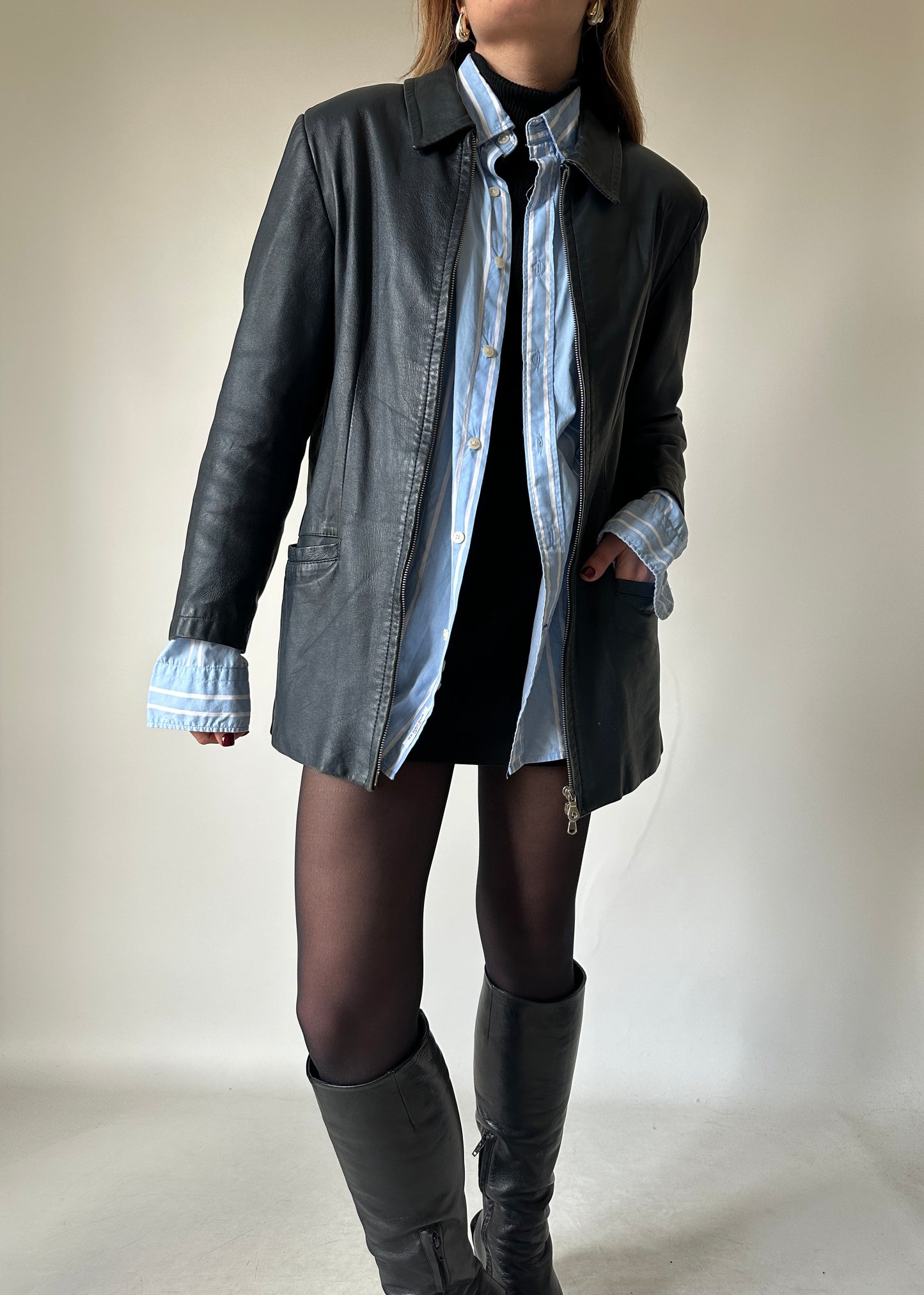 Minimal navy leather jacket