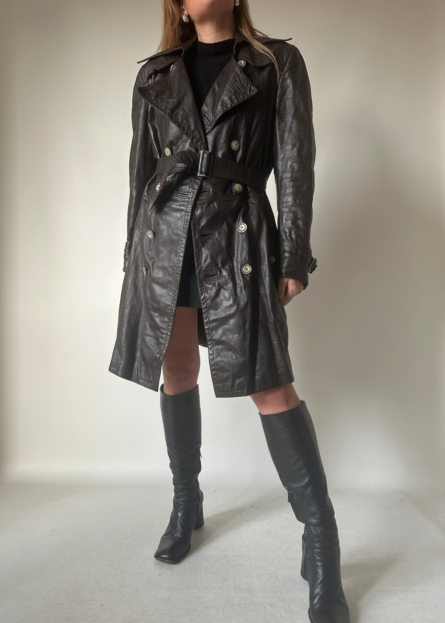 Chocolate leather trench with belt
