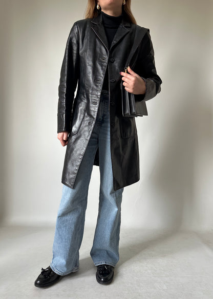 Black leather slim trench