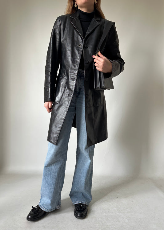 Black leather slim trench