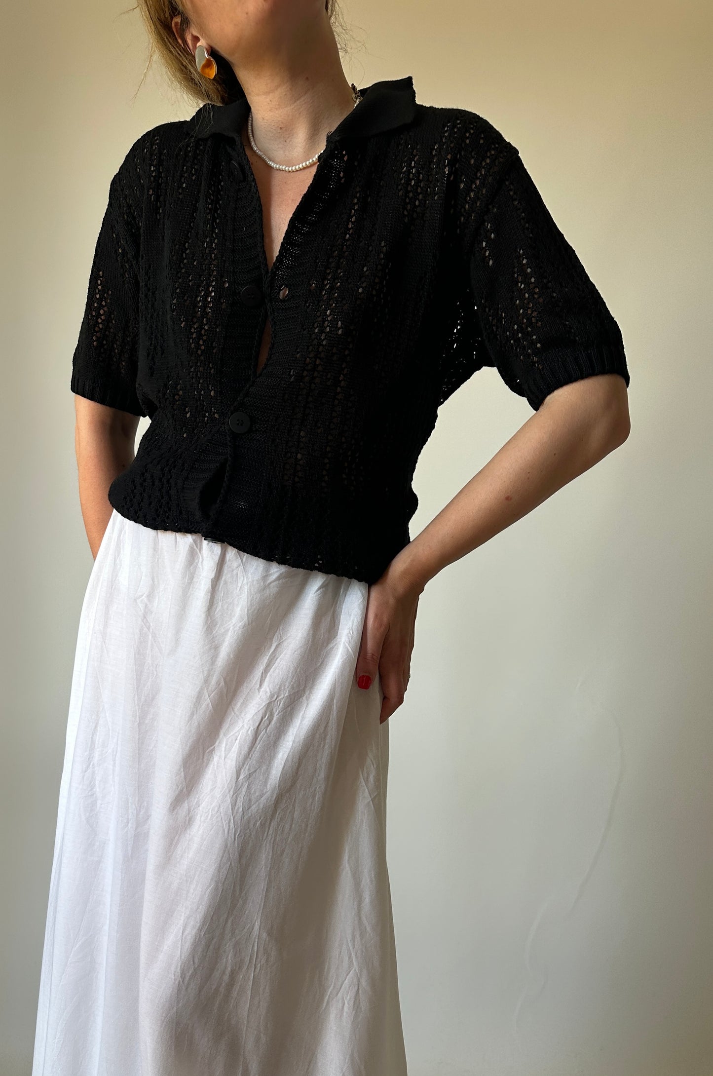 Cardigan traforato in cotone nero