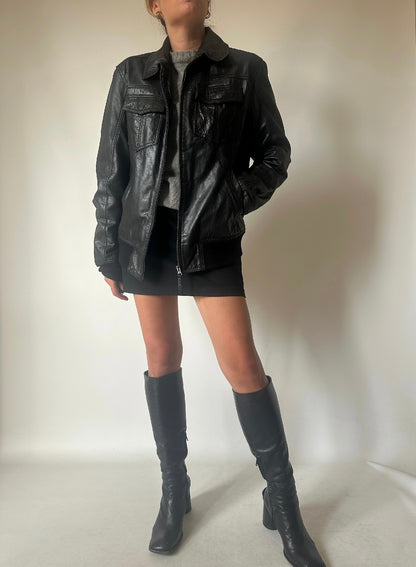 Slim black leather bomber