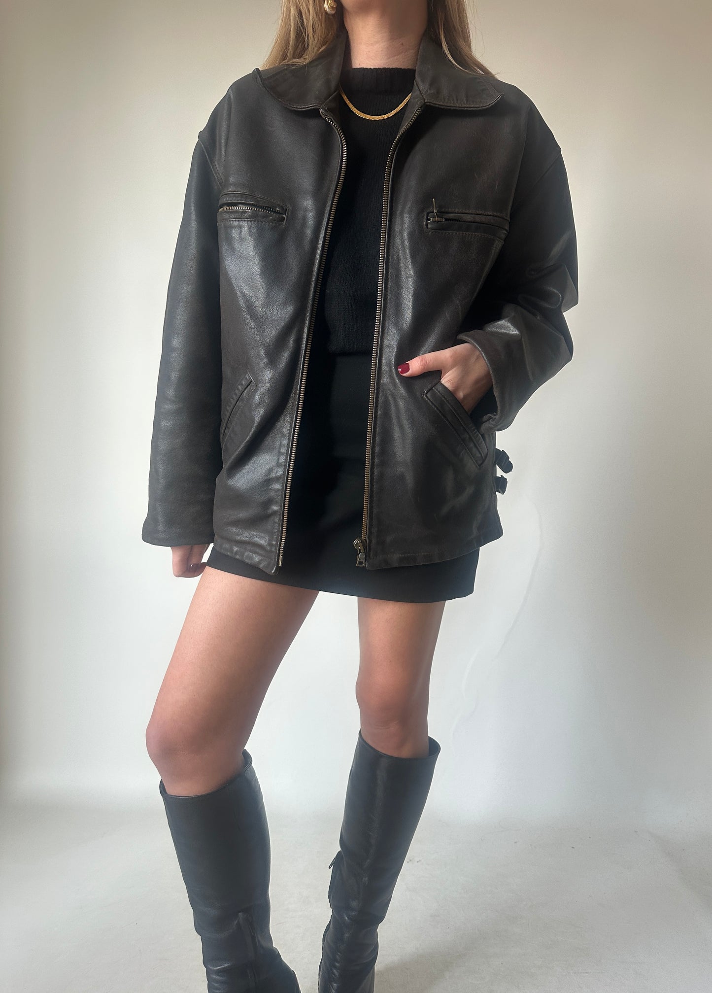 Chocolate distressed leather biker