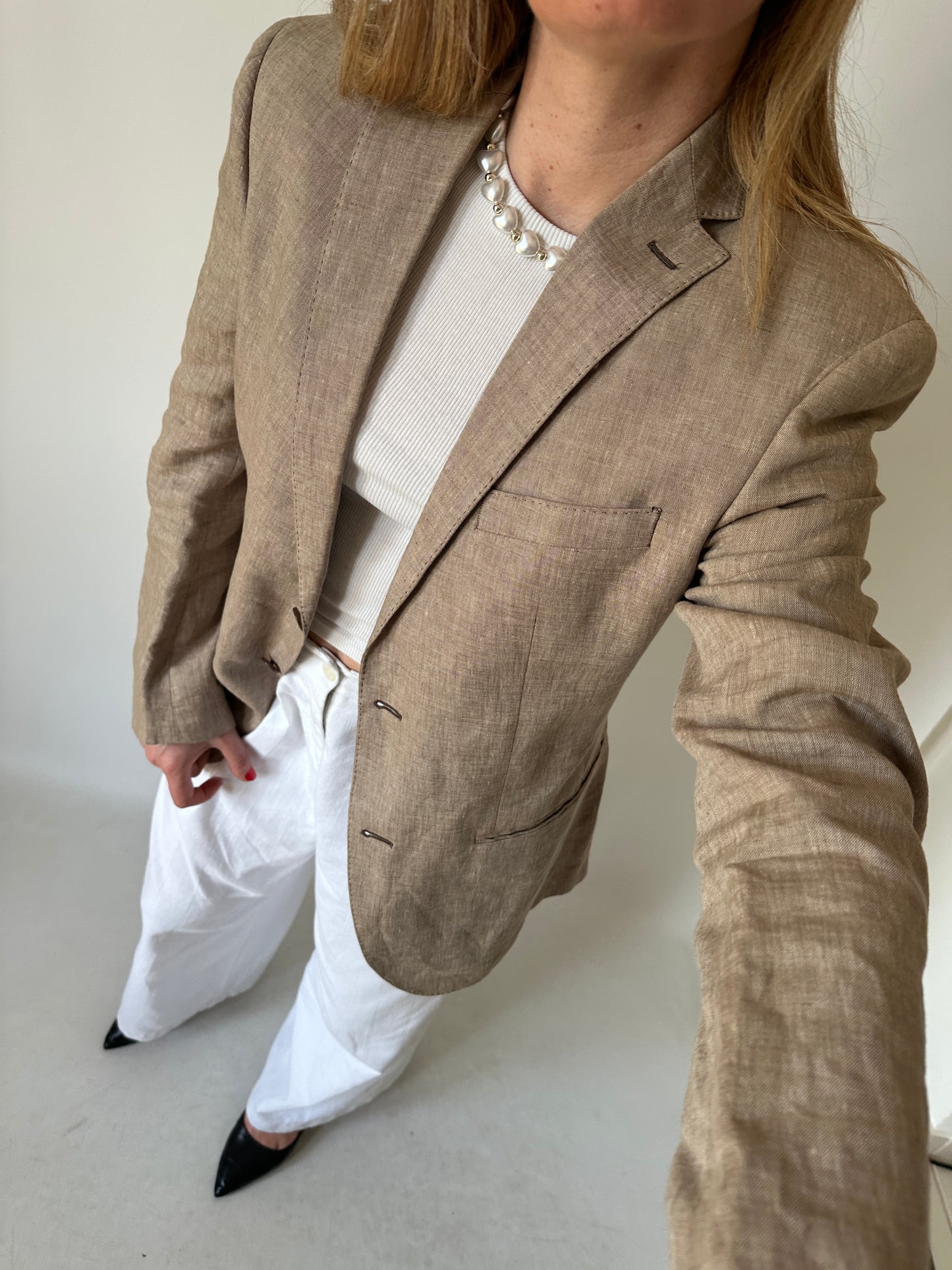 Blazer petite in puro lino beige