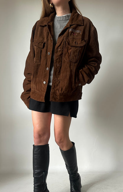Casual chocolate suede bomber