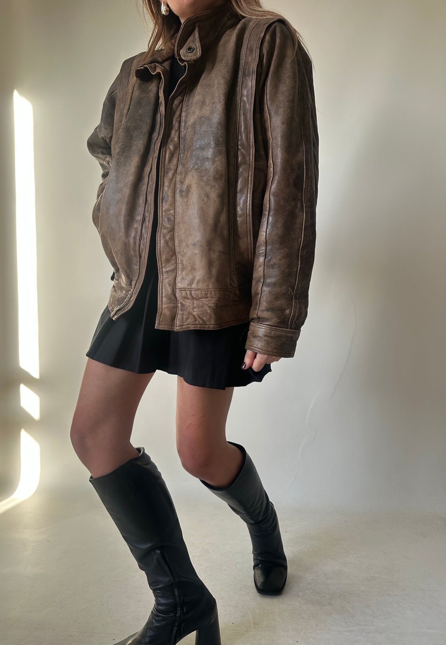 Unique brown distressed bomber
