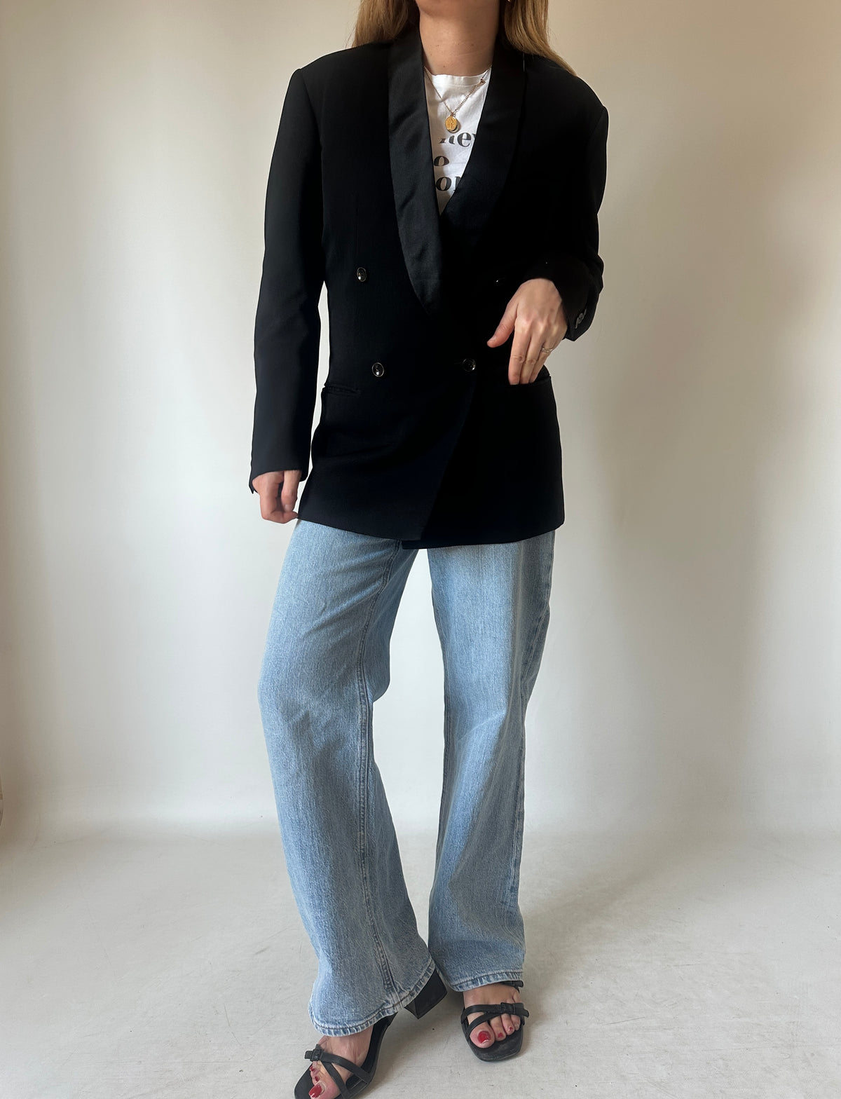 Tailored black double-breast smoking blazer