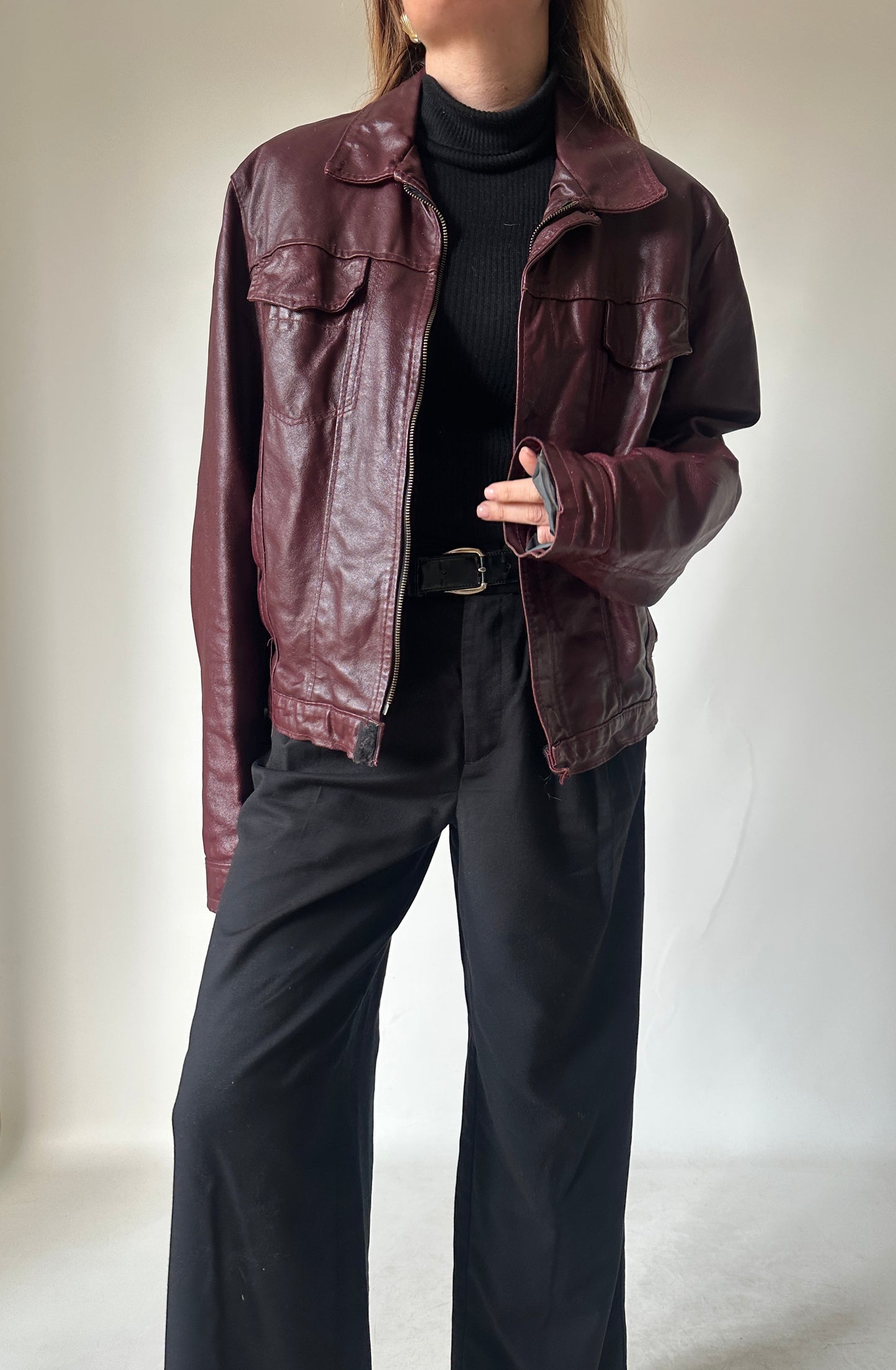 Burgundy minimal leather jacket