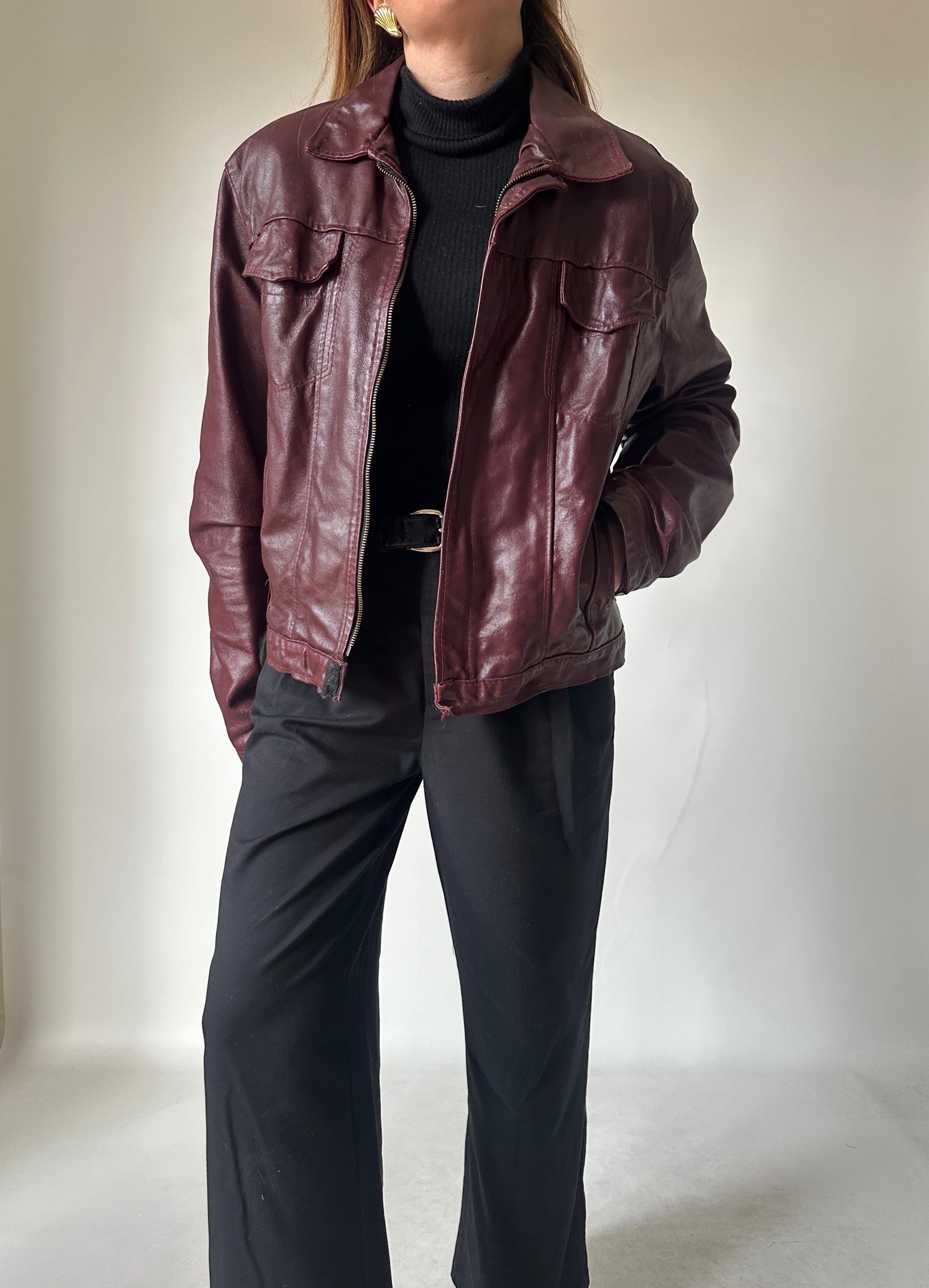 Burgundy minimal leather jacket