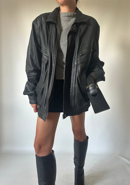 Genderless black leather bomber