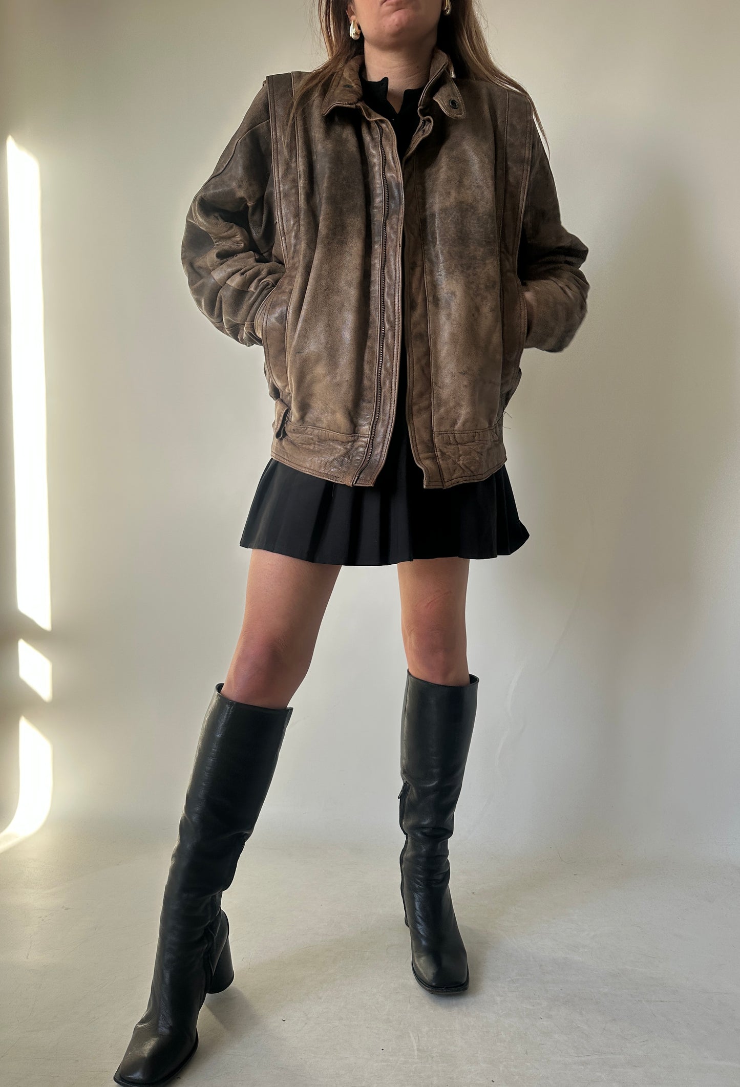 Unique brown distressed bomber