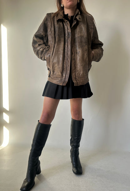 Unique brown distressed bomber