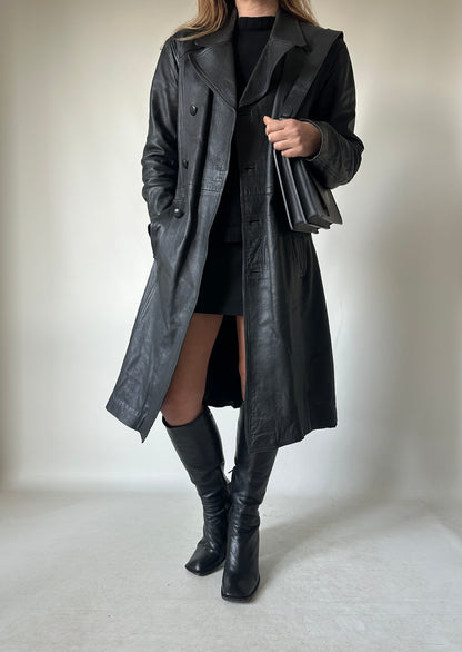 Black long leather trench