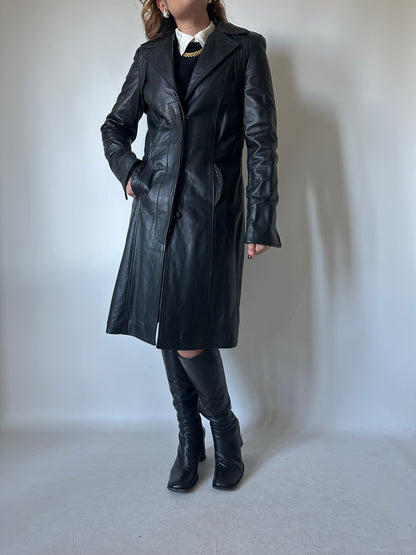 Black slim leather trench - new deadstock