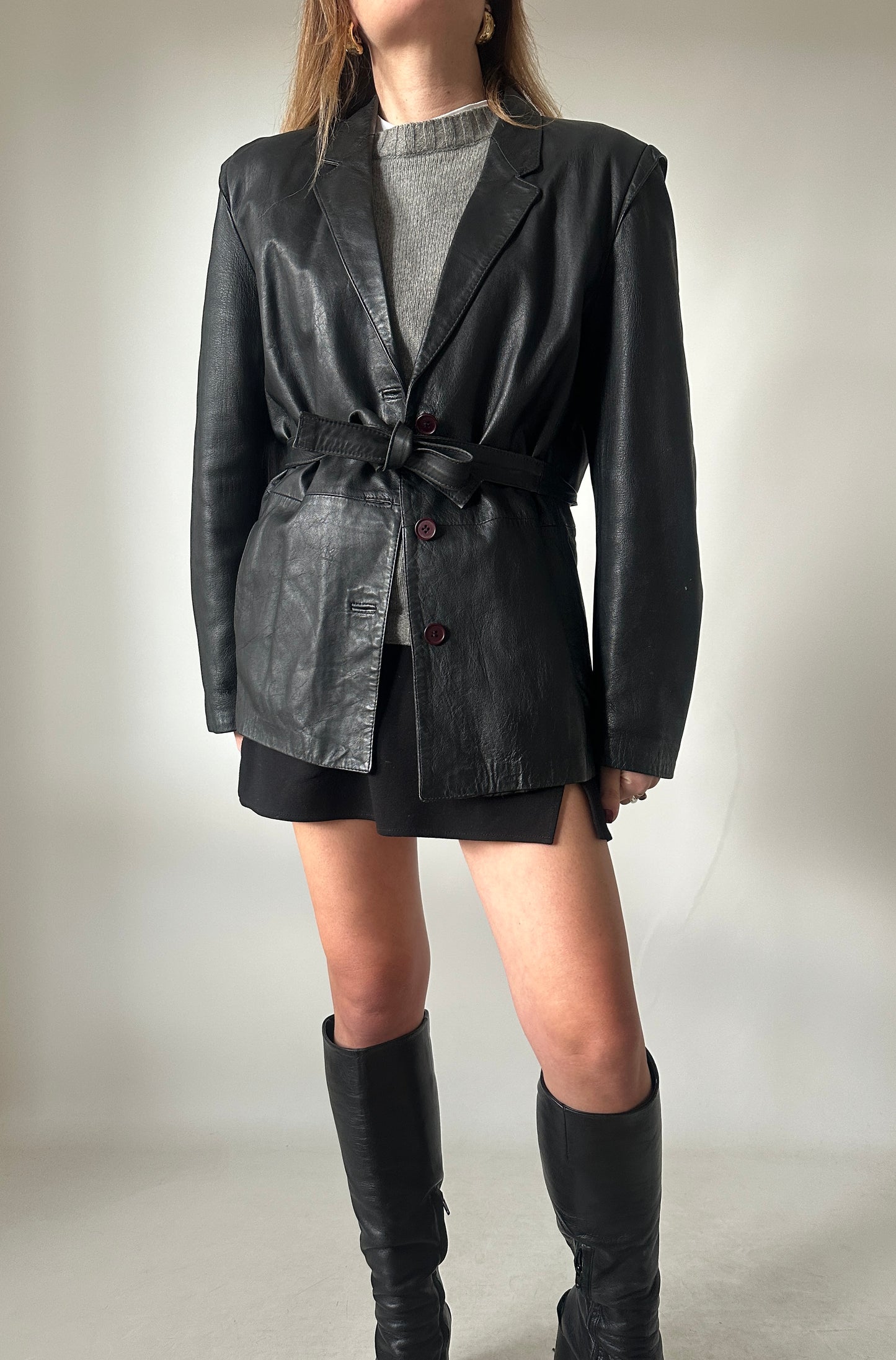 Petite leather jacket with belt