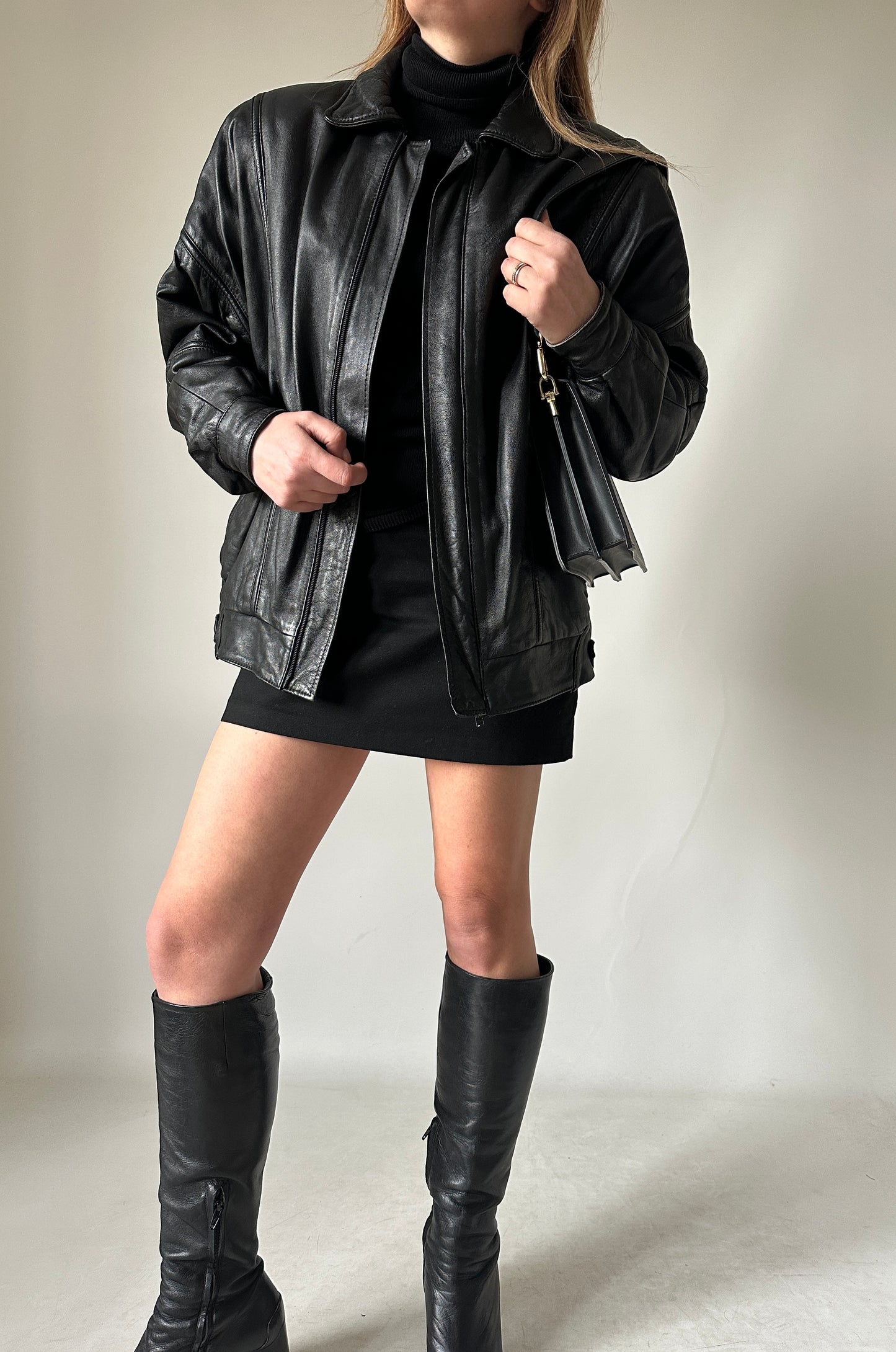 Minimal black leather bomber