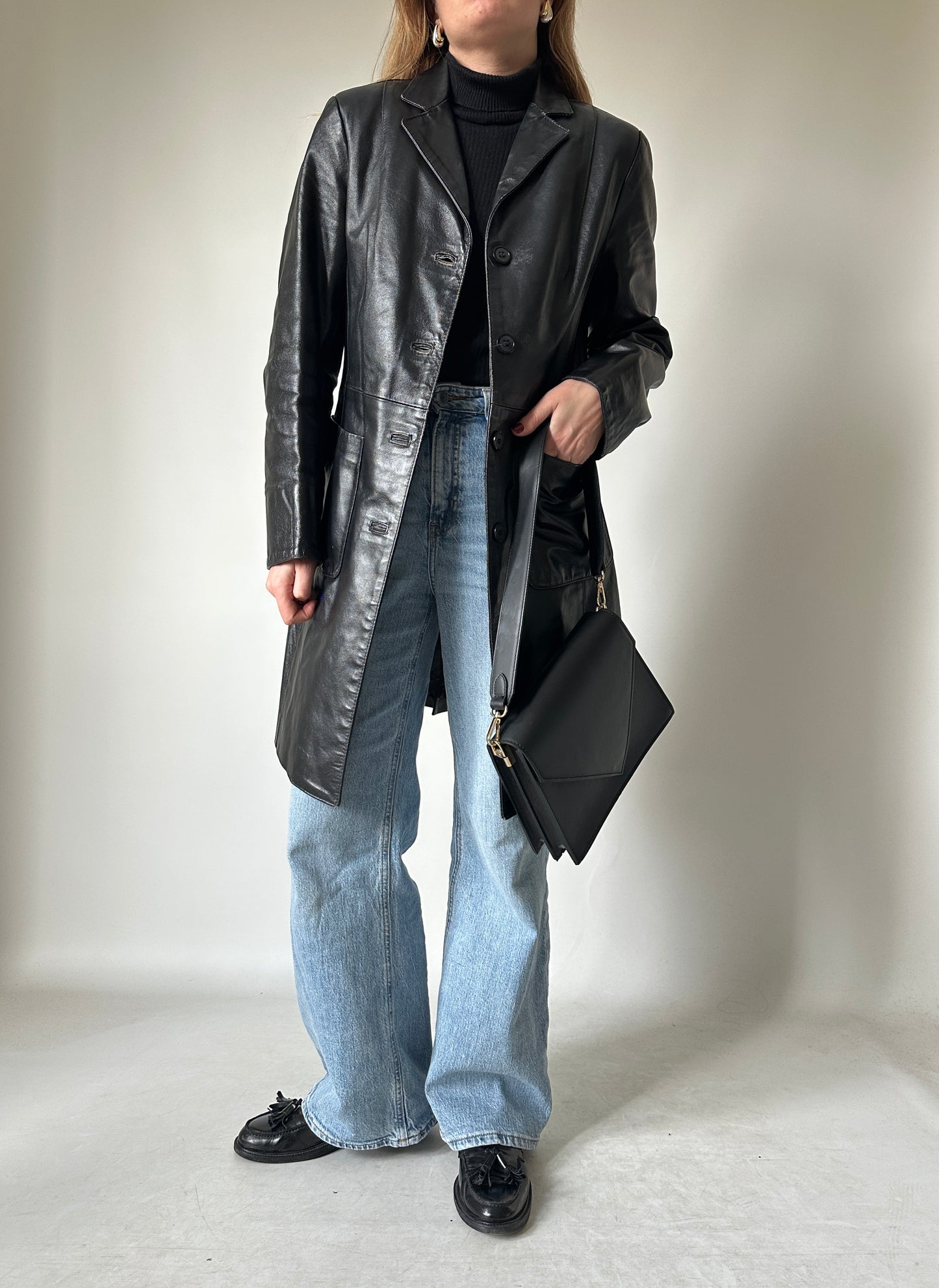 Black leather slim trench