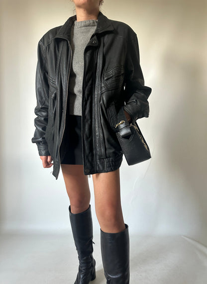 Genderless black leather bomber