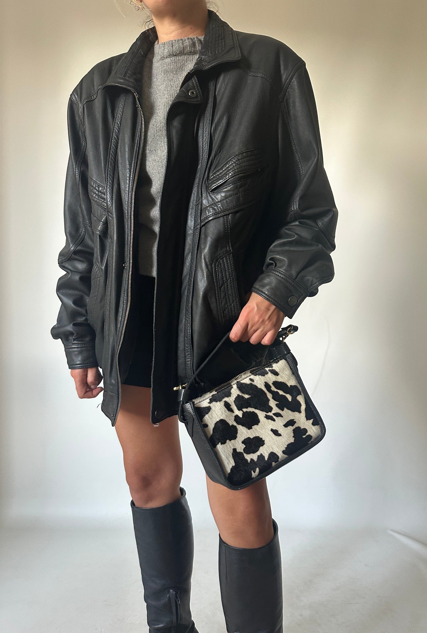 Genderless black leather bomber