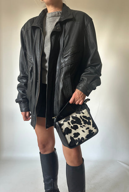Genderless black leather bomber