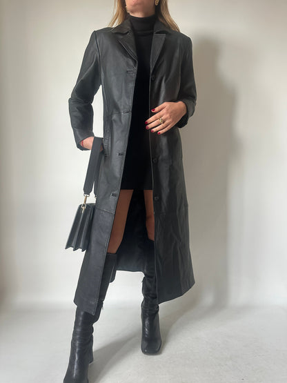 Iconic extra long black leather trench