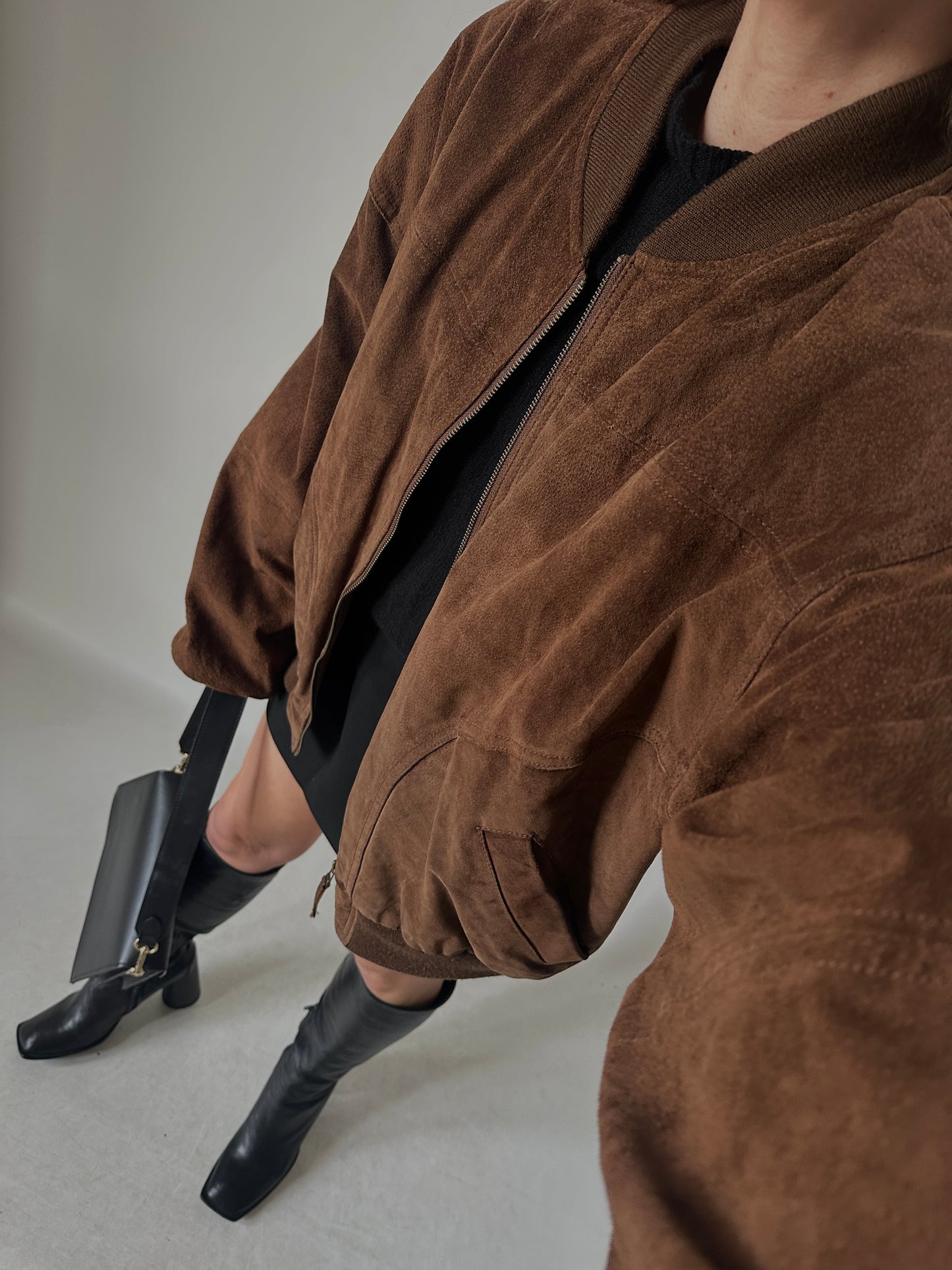 Chocolate oversize suede bomber