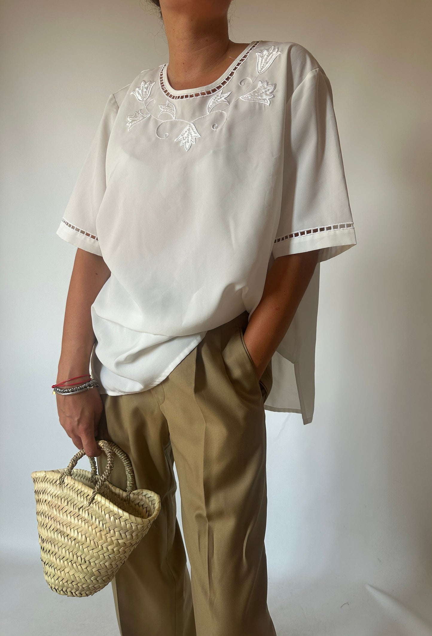 Embroidered white silky shirt