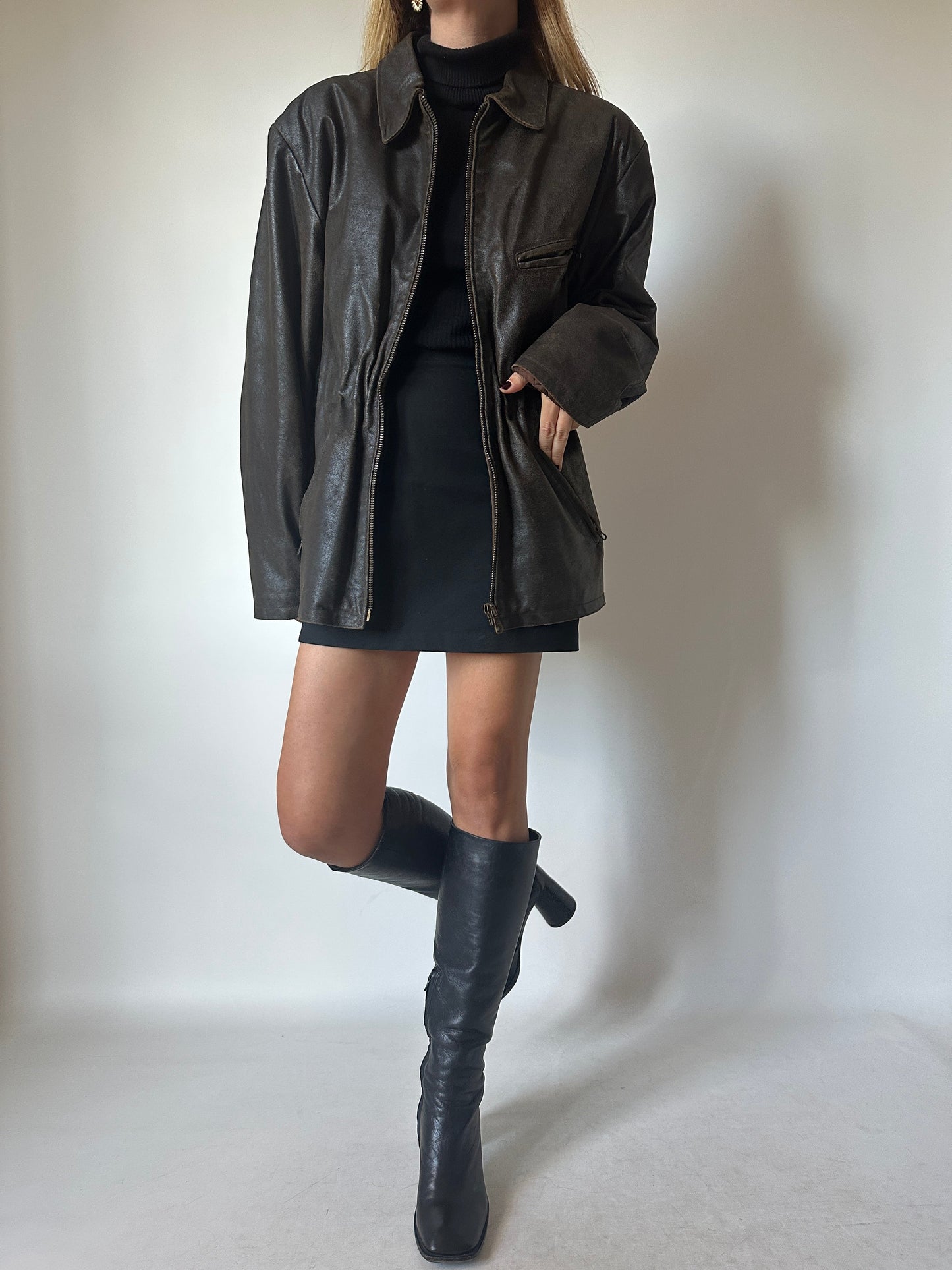 Chocolate distressed leather jacket