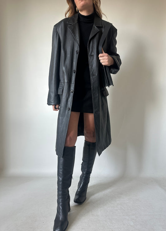 Long leather black coat