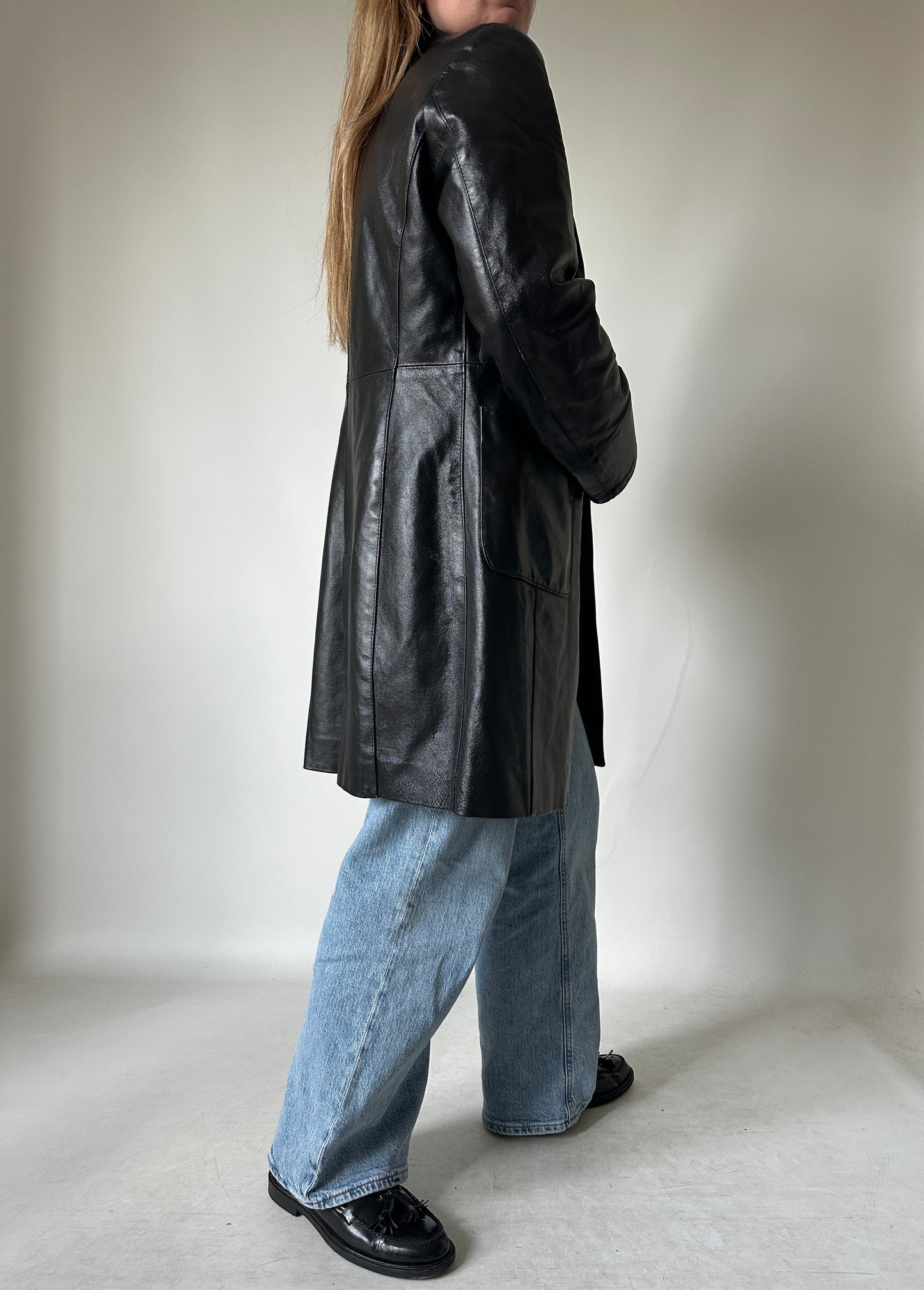 Black leather slim trench