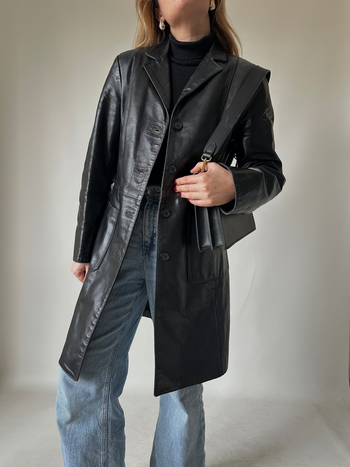 Black leather slim trench