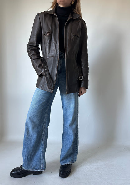 Chocolate distressed leather jacket with belt