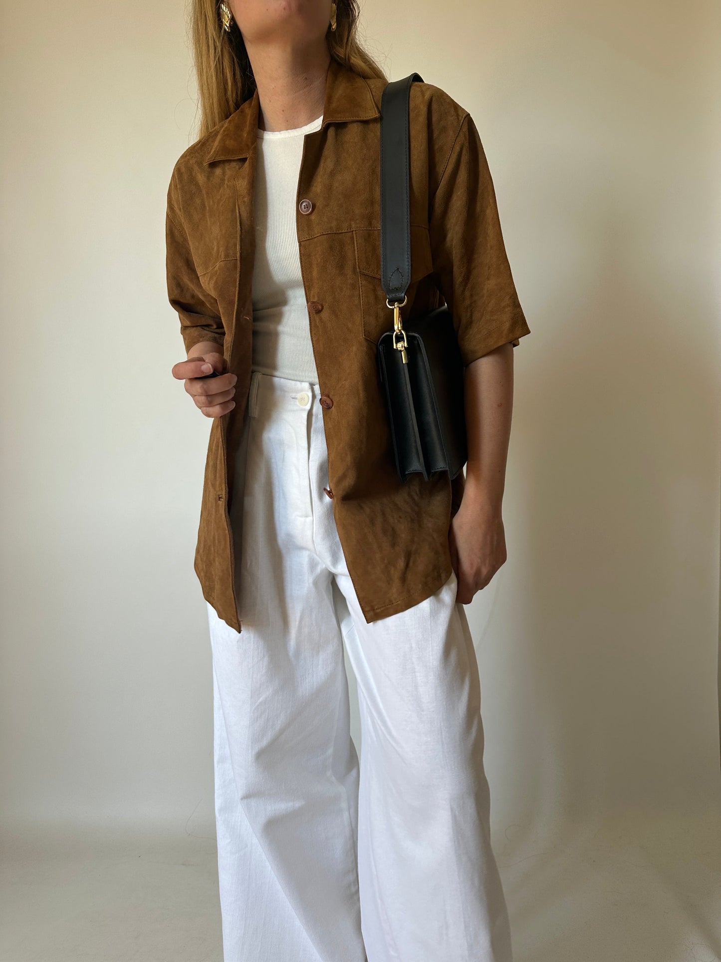 Brown suede half sleeves shirt